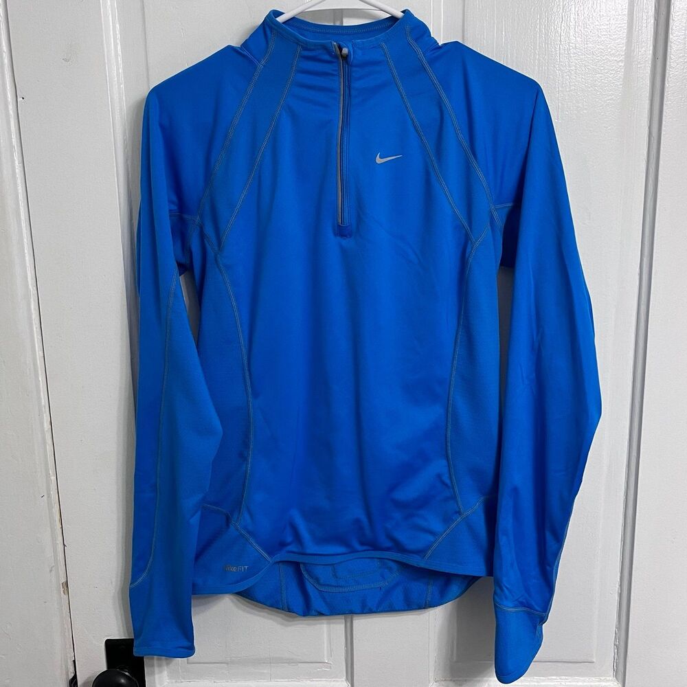 Nike Women’s Blue Fit Dry Athletic Shirt M Quarter Zip Long Sleeve Back Zipper